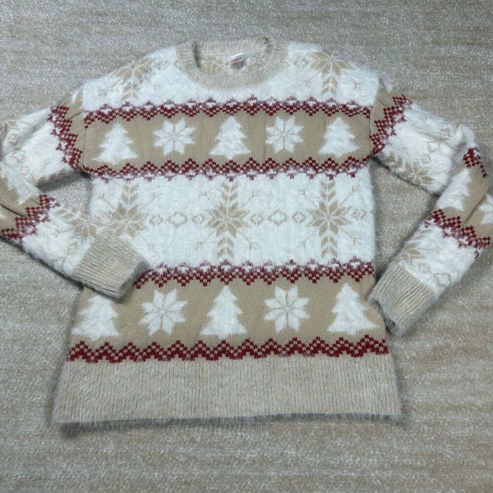Holiday Time Sweater Womens XS 0-2 Fuzzy Holiday Fair Isle Crewneck Tan Metallic
